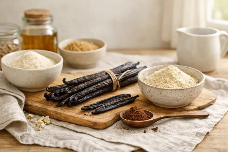 Organic vanilla beans and vanilla powder in an elegant neutral kitchen setting