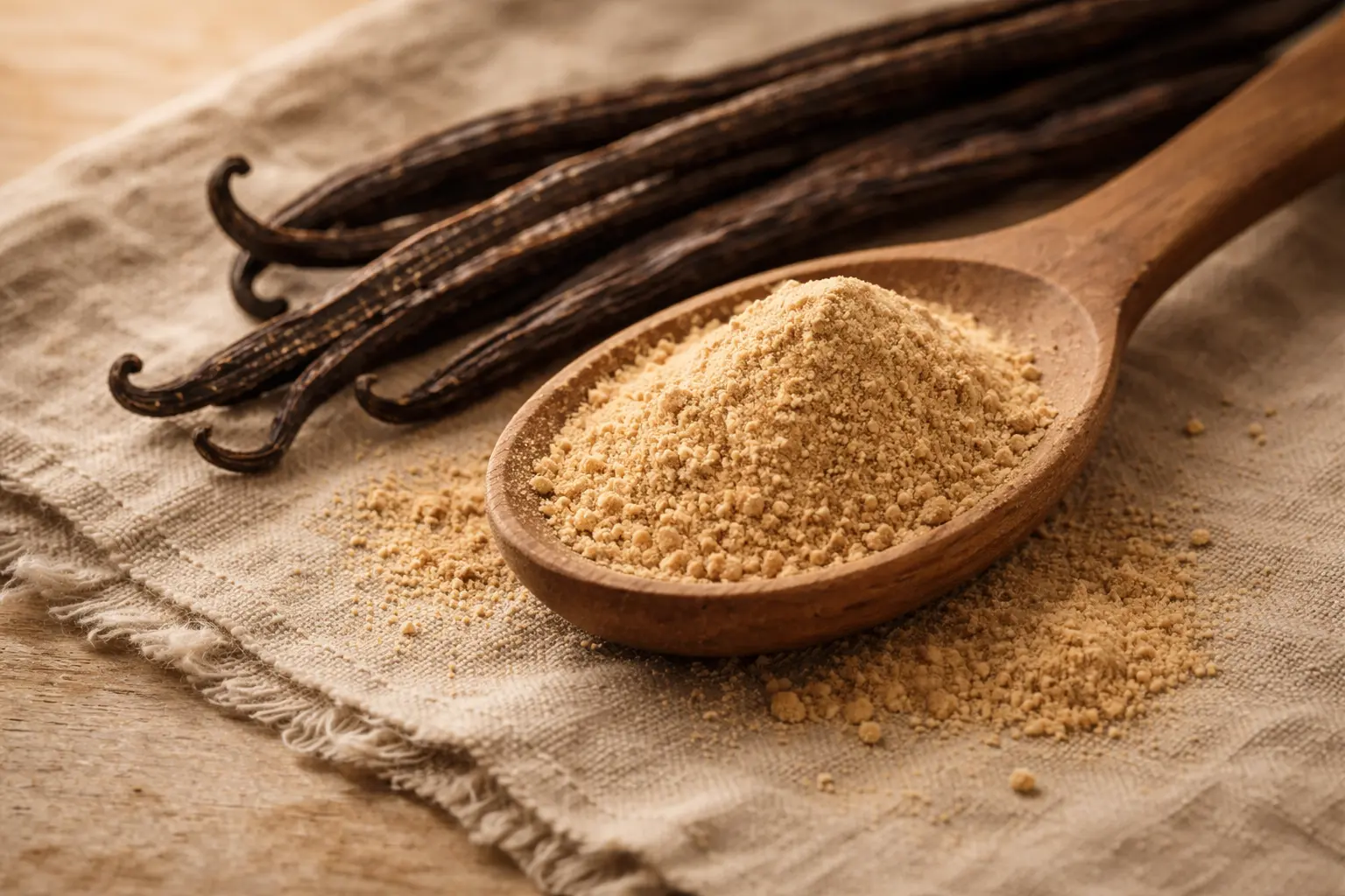 Organic vanilla powder and vanilla pods on an herbal apothecary surface