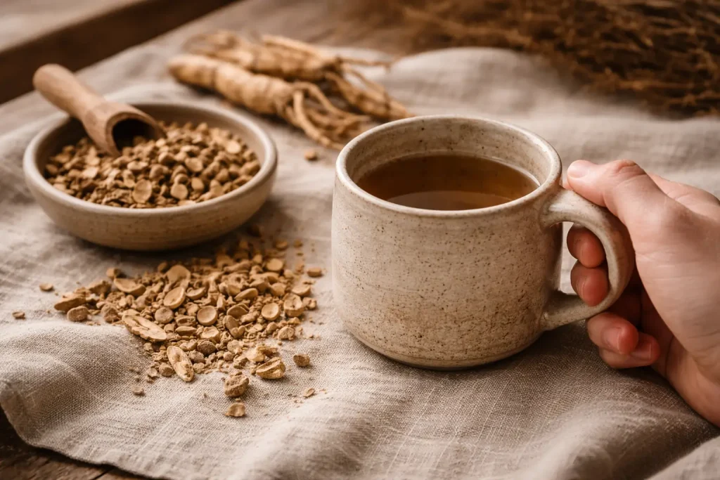 Speckled ceramic mug beside loose root herbs in a botanical tea setting