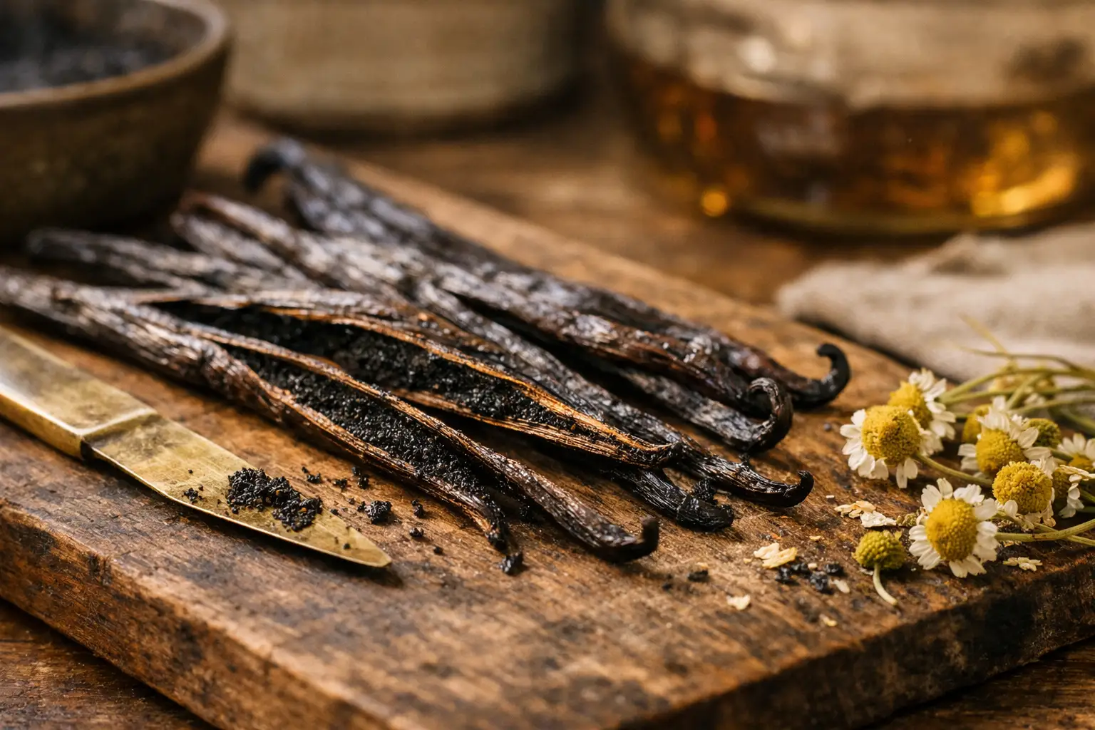Split vanilla beans with visible seeds on an herbalist work surface