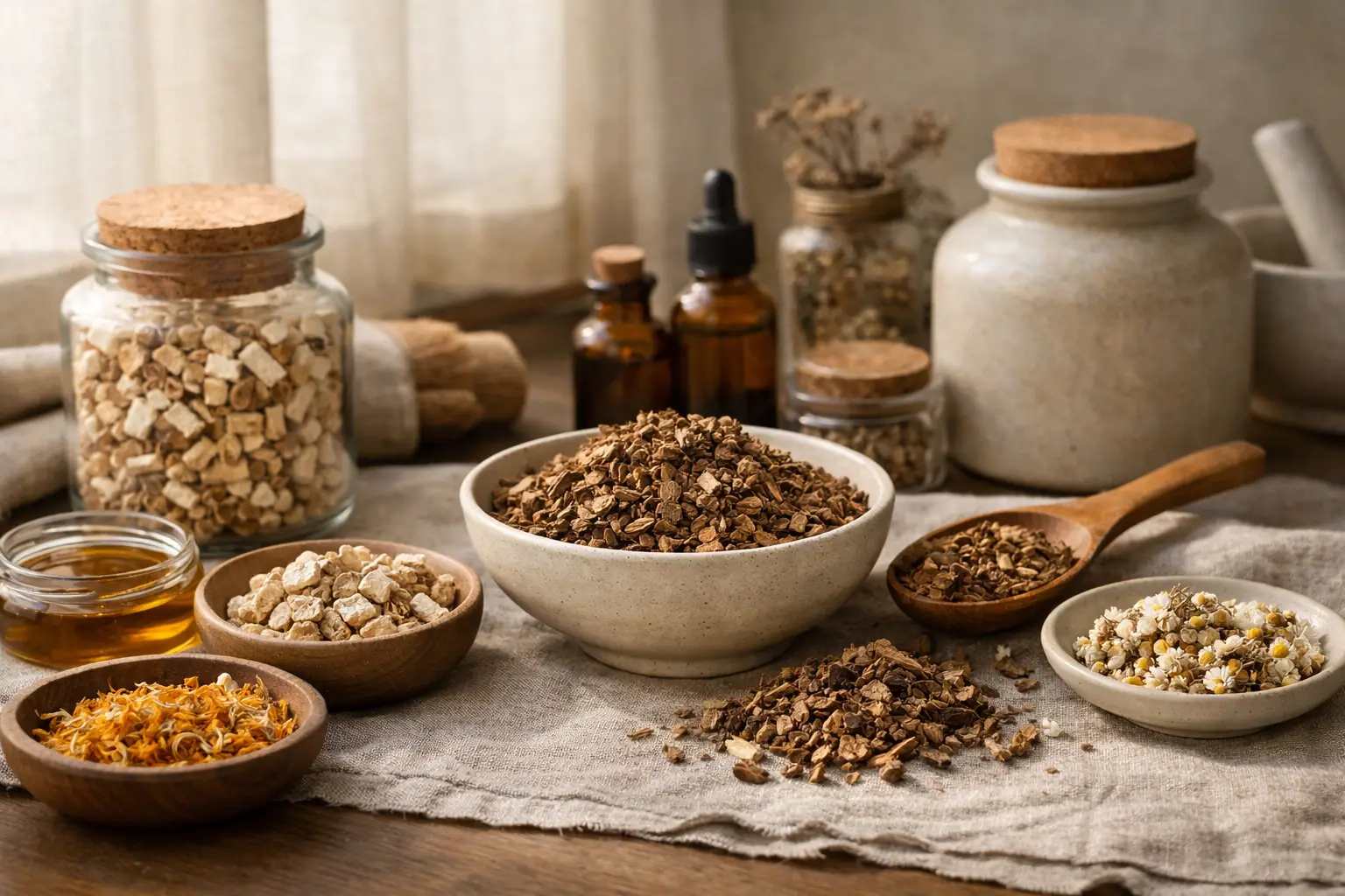 Valerian root and dried herbs in a botanical skincare apothecary scene