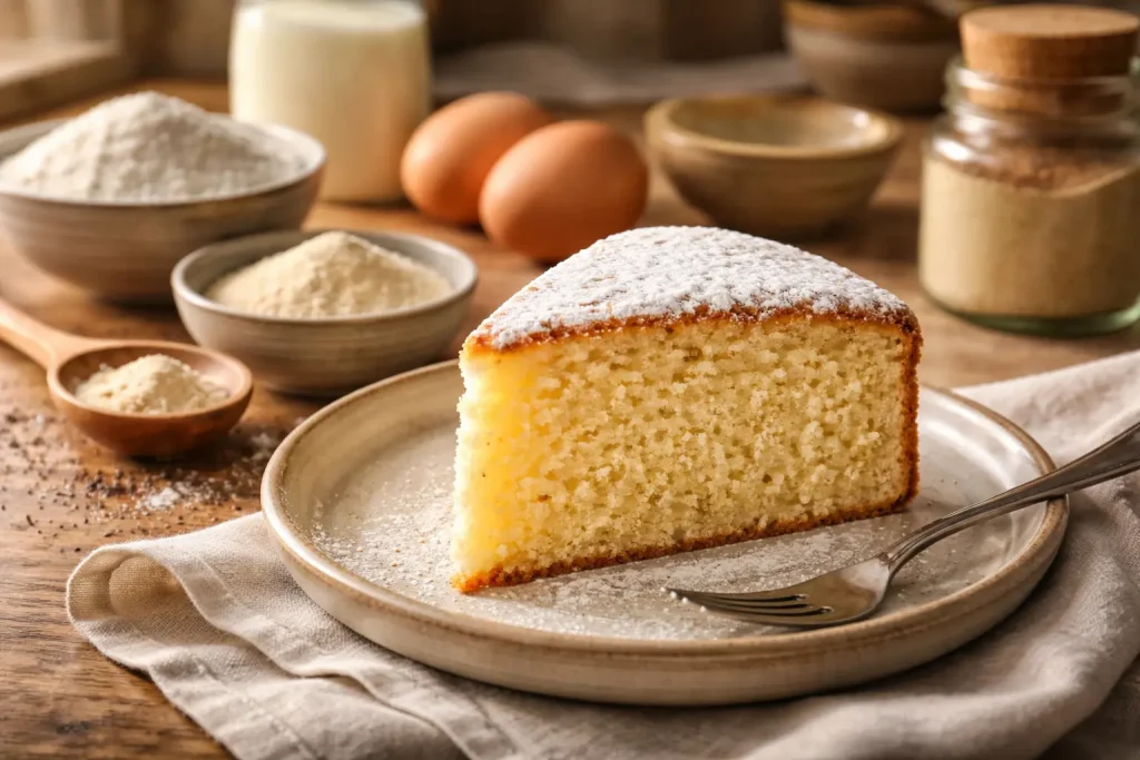 Vanilla cake slice with baking ingredients in warm natural kitchen light