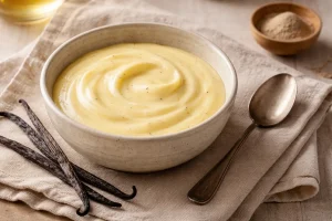 Vanilla custard in ceramic bowl with vanilla beans and spoon in soft natural light