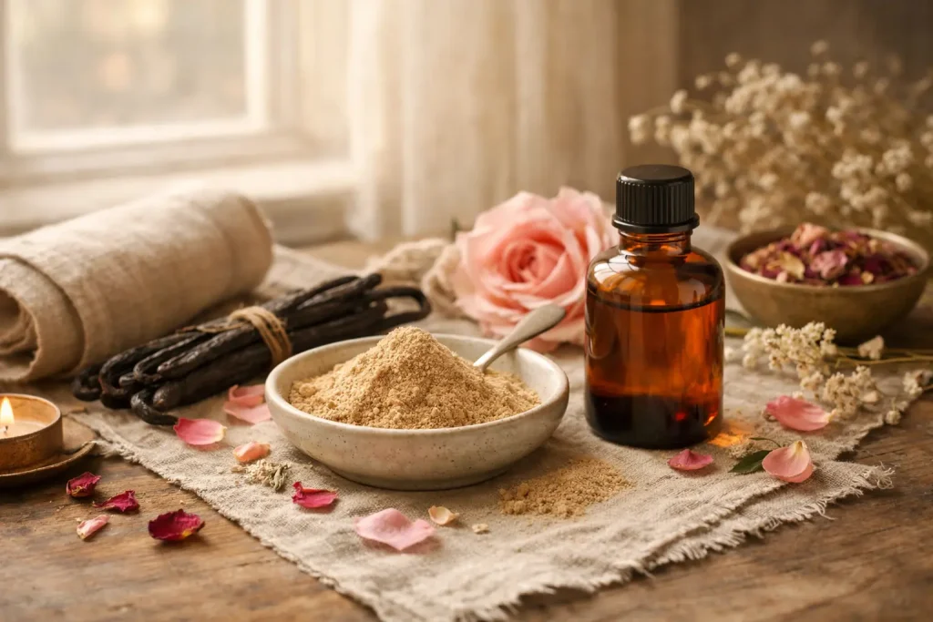 Vanilla powder with amber bottle in natural botanical perfume styling