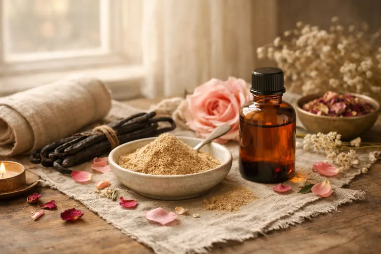 Vanilla powder with amber bottle in natural botanical perfume styling