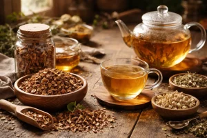 Wild cherry bark pieces with herbal tea setup on a rustic wooden table
