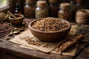 Wild yam root in a dried herb bowl on a traditional apothecary table