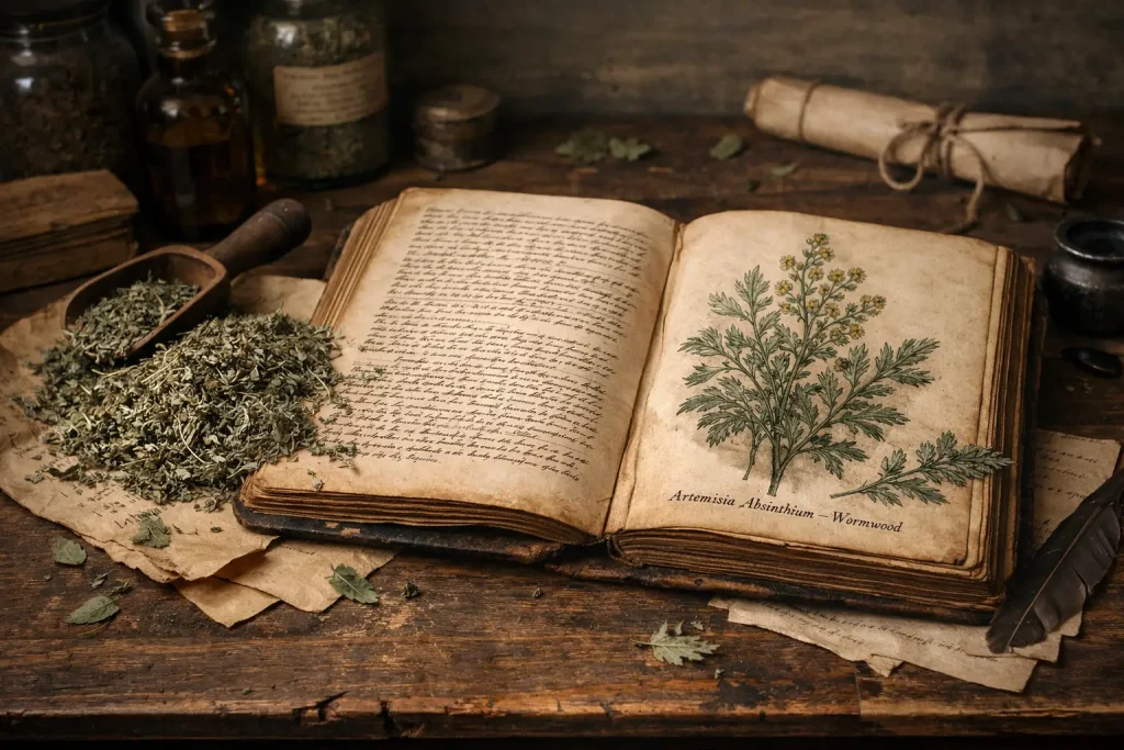 Wormwood herb beside an old herbal book in a vintage botanical setting