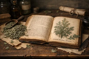 Wormwood herb beside an old herbal book in a vintage botanical setting