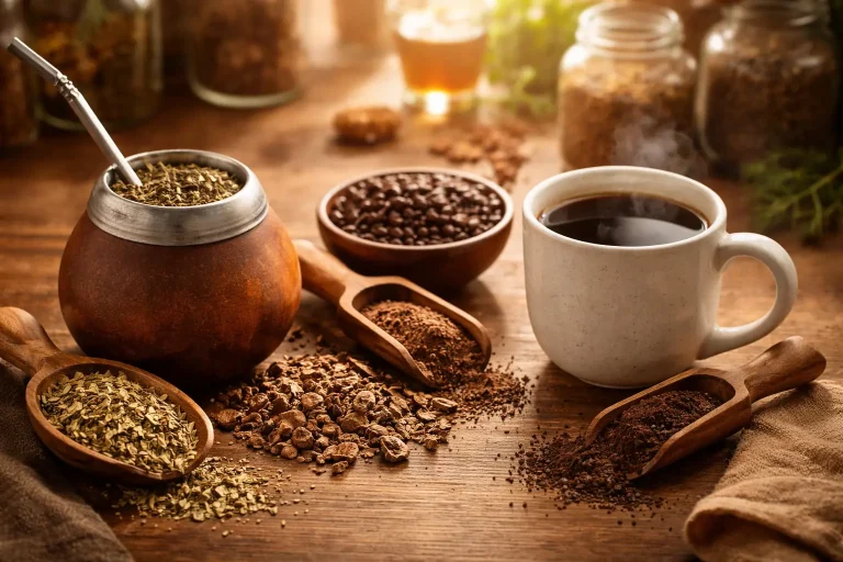 Yerba mate gourd and coffee cup on a warm herbal table with loose yerba and roasted chicory root