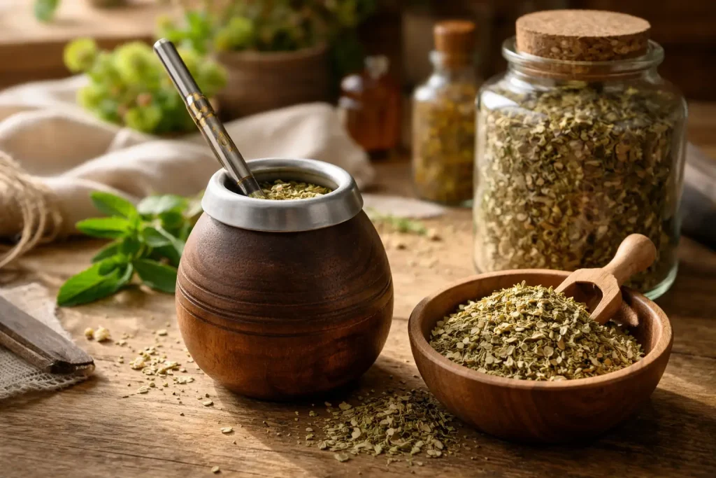 Yerba mate leaves and tea gourd in a warm herbal preparation setting