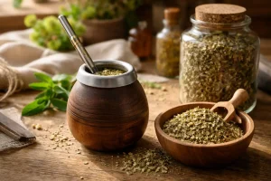 Yerba mate leaves and tea gourd in a warm herbal preparation setting