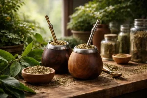 Yerba mate plant leaves in a botanical apothecary setting