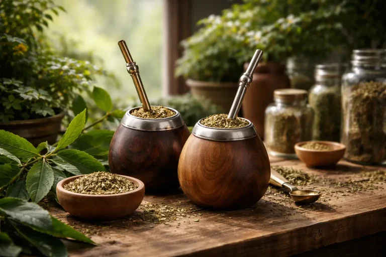 Yerba mate plant leaves in a botanical apothecary setting