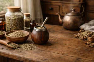 Yerba mate tea setup with dried leaves on a natural apothecary table in soft daylight