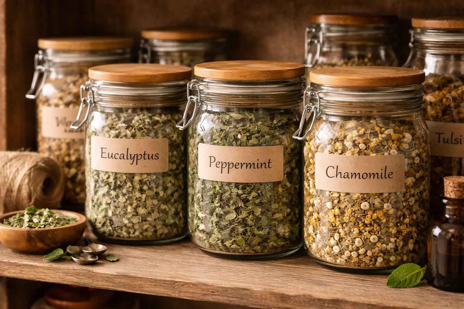 airtight jars of eucalyptus leaf and herbal tea ingredients on a shelf