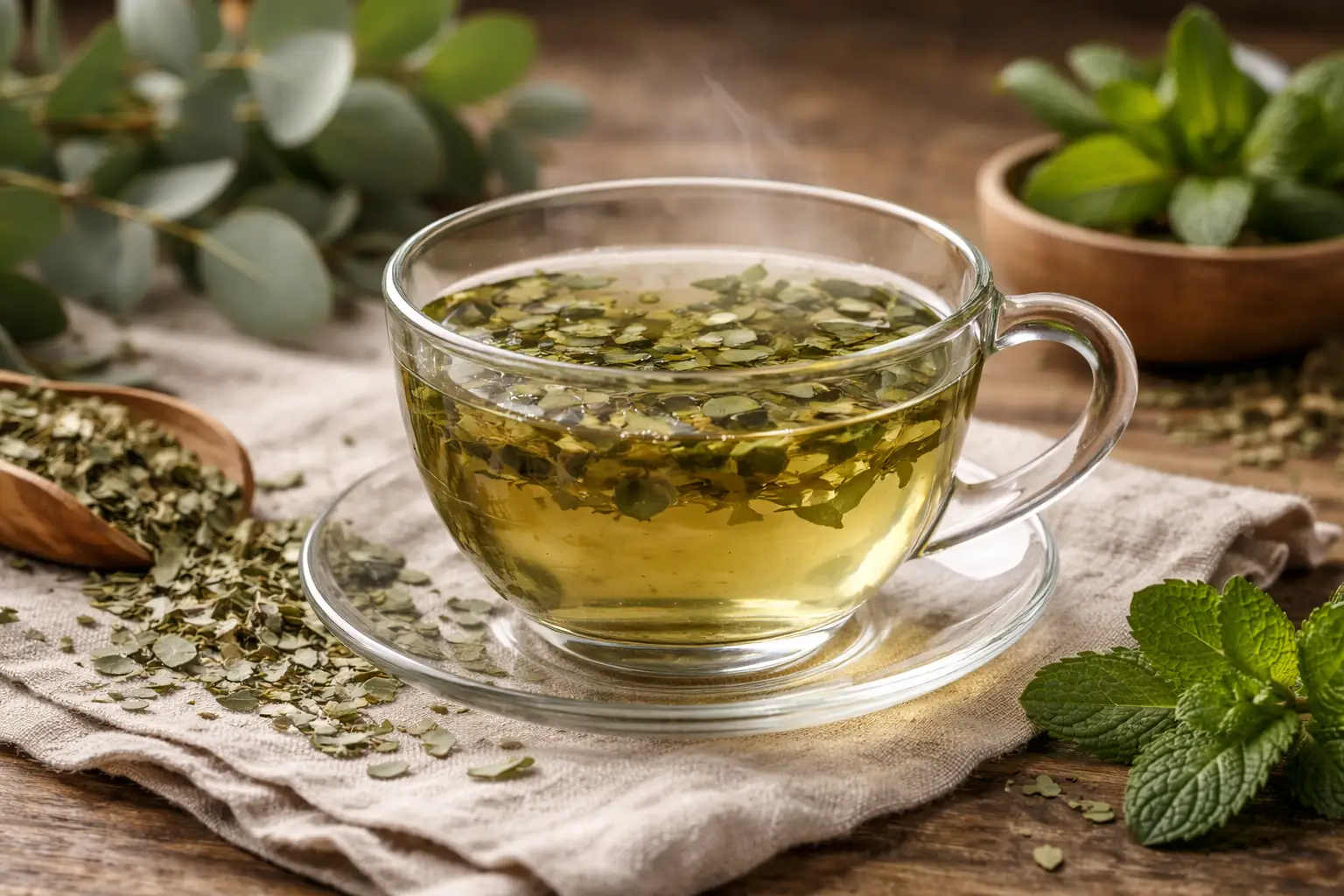 brewed eucalyptus and peppermint herbal tea with loose leaves