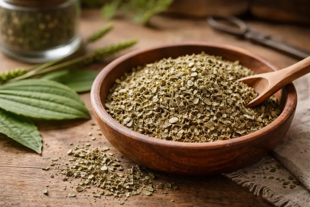 cut and sifted plantain leaf in a bowl on a wooden herbal table