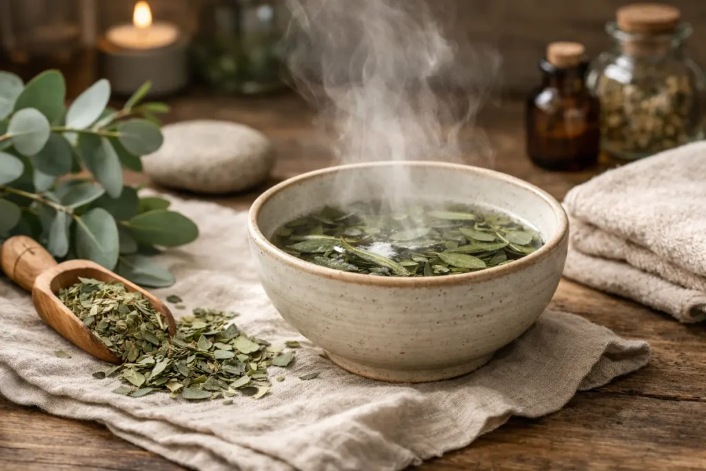 eucalyptus leaves and herbal steam cup in a spa-like natural setting