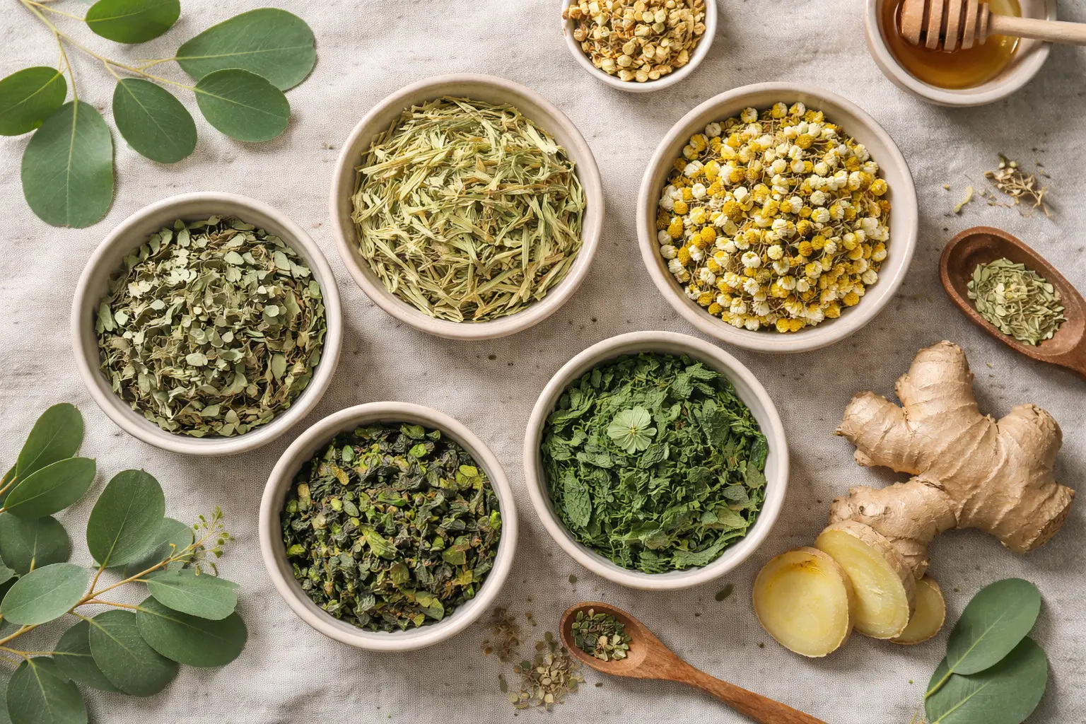 eucalyptus tea blending ingredients arranged on a linen tea table