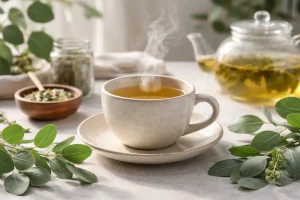 eucalyptus tea with fresh leaves and warm steam in a bright herbal setting