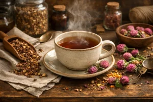 sarsaparilla root tea with dried roots and red clover blossoms in soft herbal styling