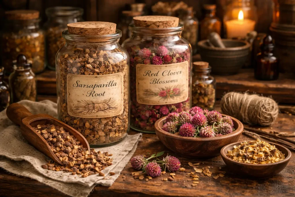 traditional herbal apothecary display with sarsaparilla root and red clover