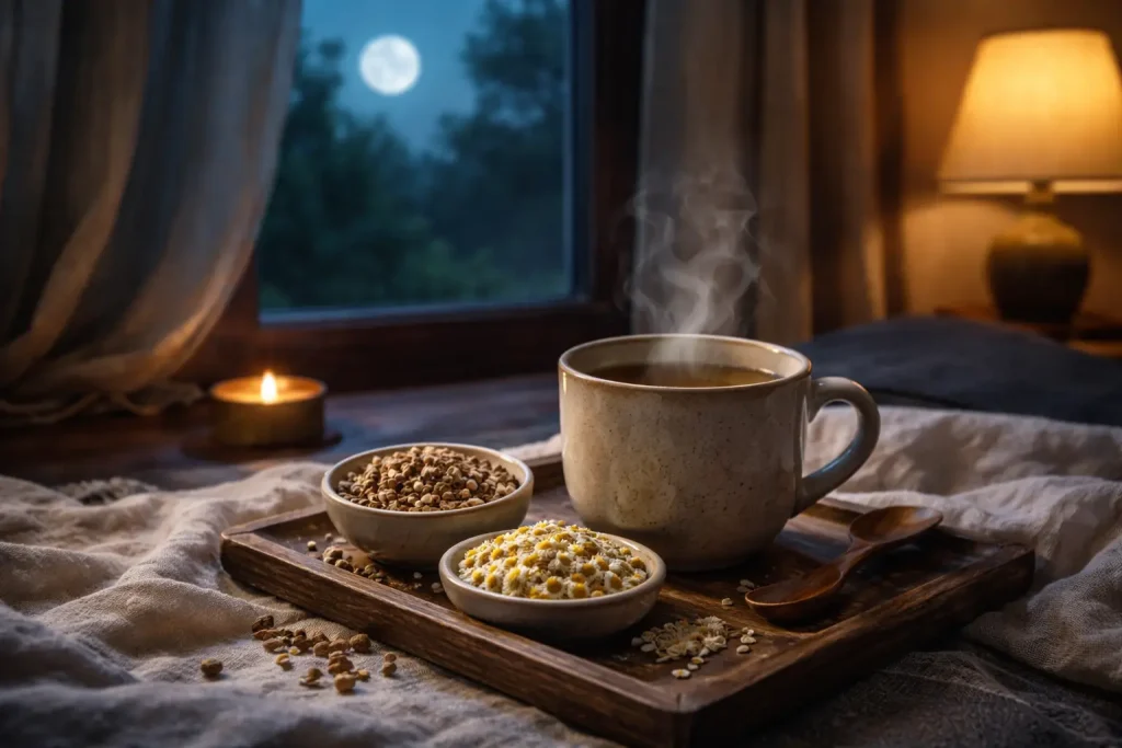 valerian root tea at night by a moonlit window with chamomile flowers