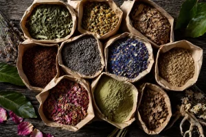 Assorted dried herbs in open kraft bags for wholesale sourcing