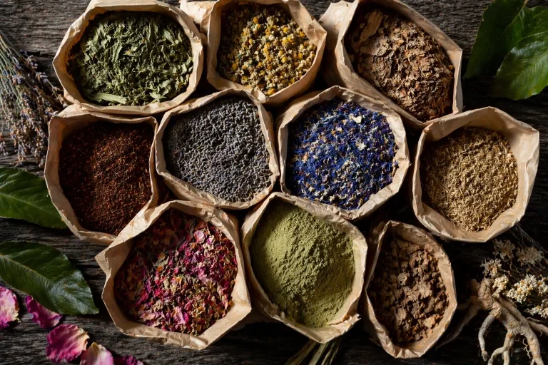 Assorted dried herbs in open kraft bags for wholesale sourcing