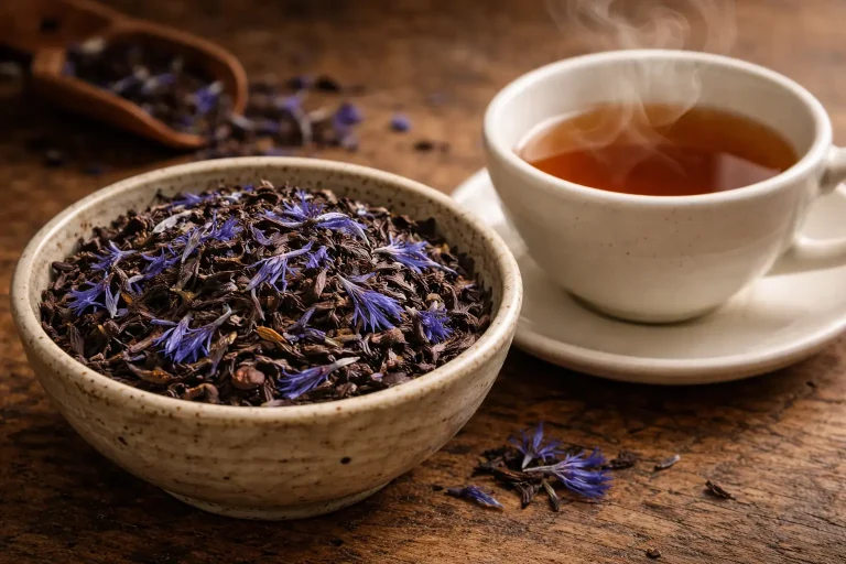 Blue cornflower petals mixed with loose leaf tea in a ceramic bowl with a steaming teacup in moody natural light