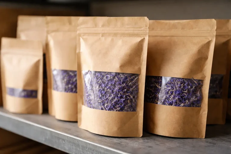 Bulk dried cornflower petals in sealed kraft bags on a warehouse shelf showing vivid blue color through packaging window
