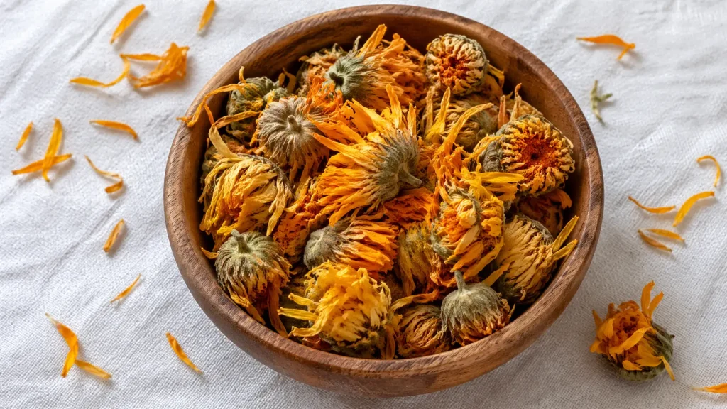 Close-up of whole dried organic calendula flowers in a wooden bowl showing vibrant color and resin texture