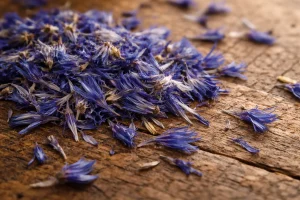 Dried blue cornflower petals spread on a wooden surface in natural light showing texture and color cornflower uses and benefits