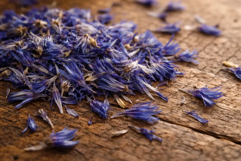 Dried blue cornflower petals spread on a wooden surface in natural light showing texture and color cornflower uses and benefits