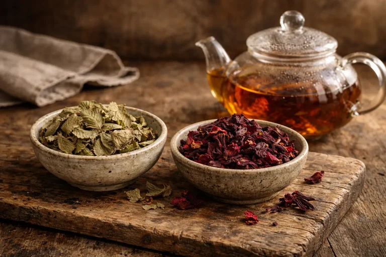 Dried strawberry leaf and hibiscus flowers measured for herbal tea blending