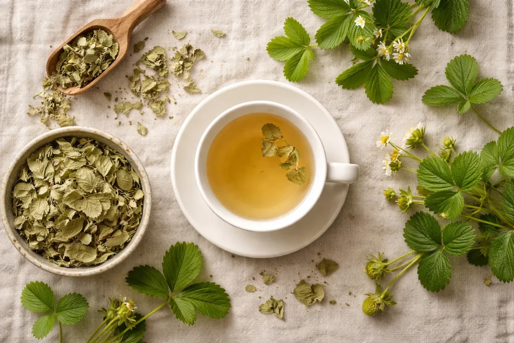 Dried strawberry leaves tea in a ceramic cup surrounded by fresh botanical herbs on a linen background