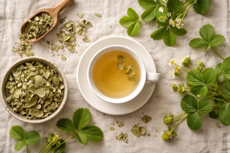 Dried strawberry leaves tea in a ceramic cup surrounded by fresh botanical herbs on a linen background