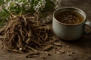 Dried valerian root next to a ceramic mug of valerian tea in earthy moody light