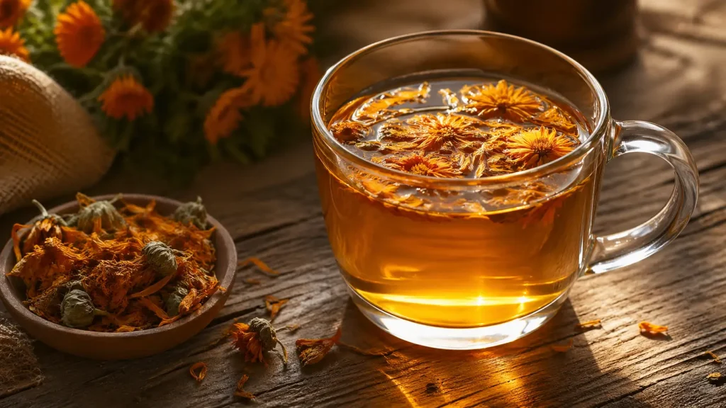 Glass mug of brewed organic calendula flower tea glowing golden in warm natural light