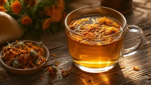 Glass mug of brewed organic calendula flower tea glowing golden in warm natural light