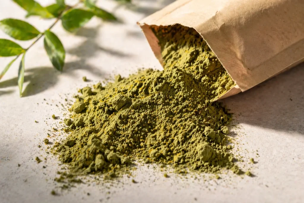 Green henna powder poured from a bag for bulk quality evaluation