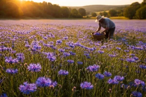 Kosovo cornflower field at golden hour with farmer harvesting blue flowers by hand in documentary style