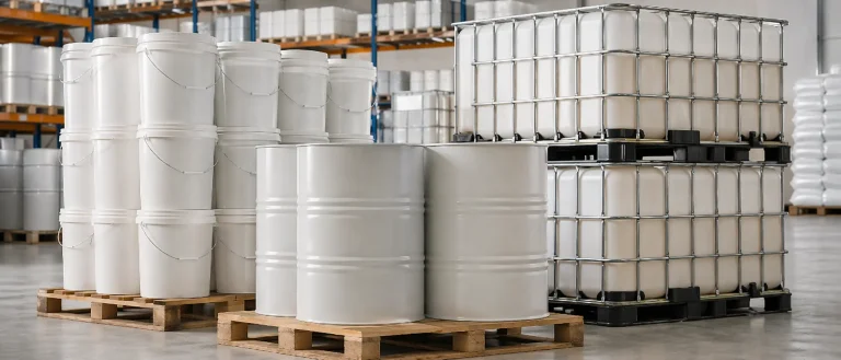 Large containers of bulk coconut oil stacked in a clean warehouse