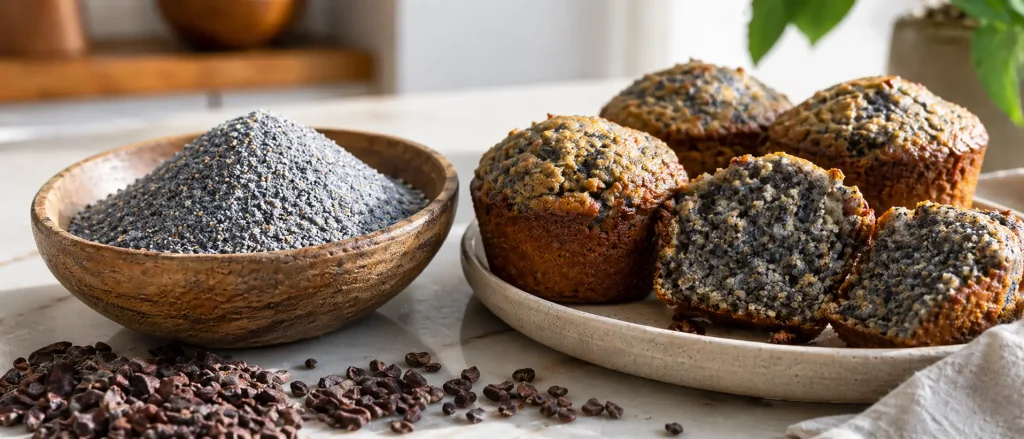 Organic blue corn meal in bowl with muffins and cacao nibs in bright kitchen light