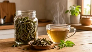 Organic tulsi leaf in jar beside steaming herbal tea in calm kitchen light