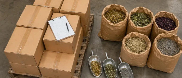 Pallet-ready wholesale herbs and spices cartons with batch paperwork and scoops in a production warehouse