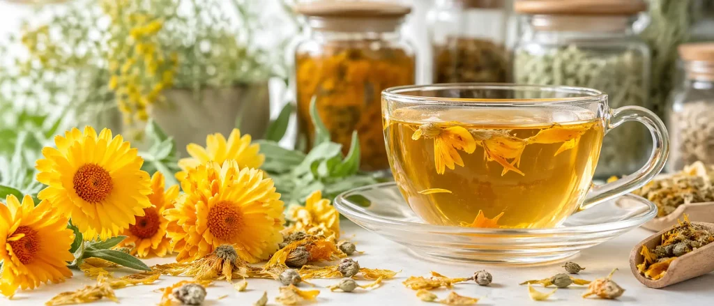 Sunflower petals and golden herbal tea in bright apothecary setting
