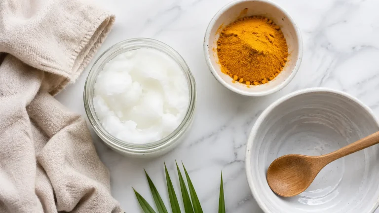 Virgin coconut oil jar and turmeric powder with mixing bowl for herbal body care preparation