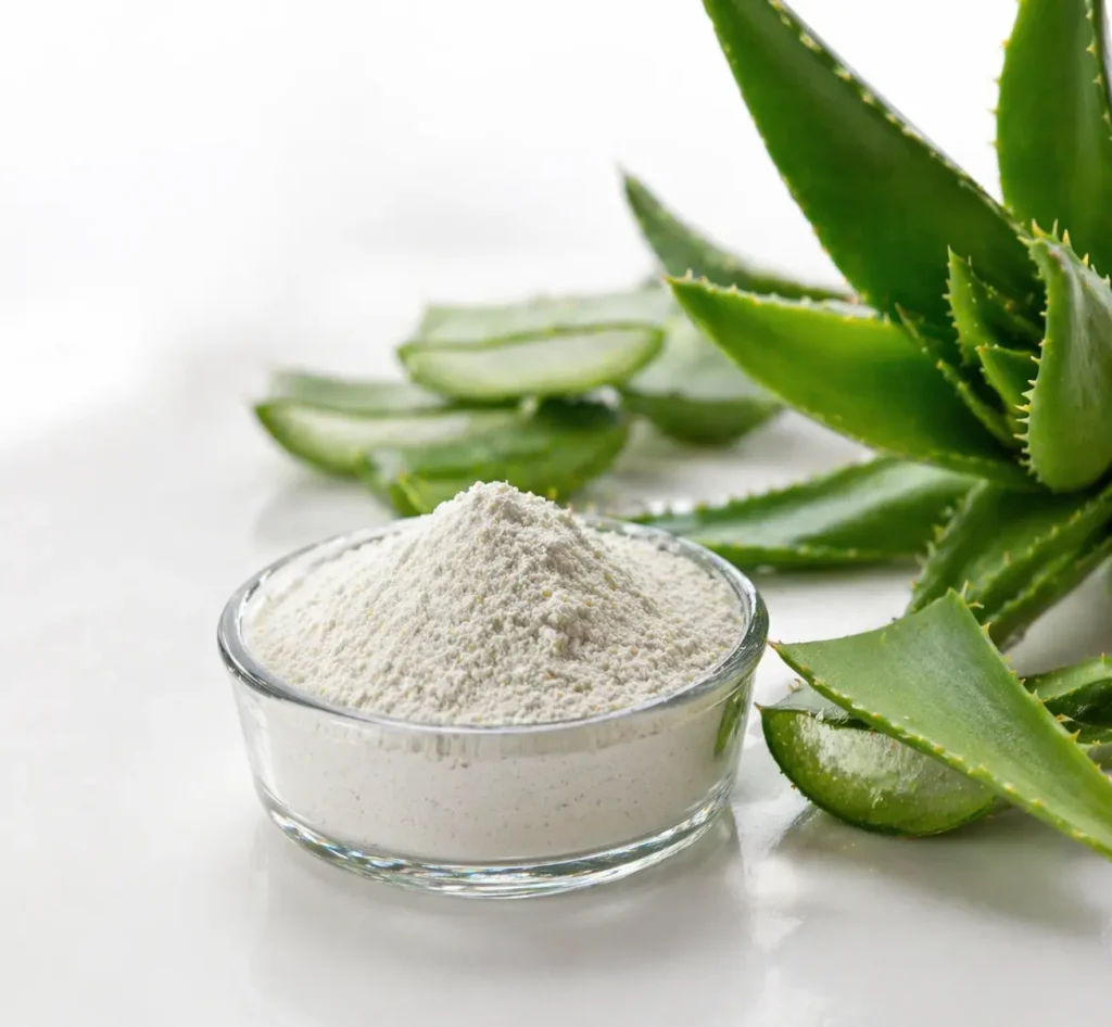 White aloe vera powder in a glass bowl with succulent plant on white background